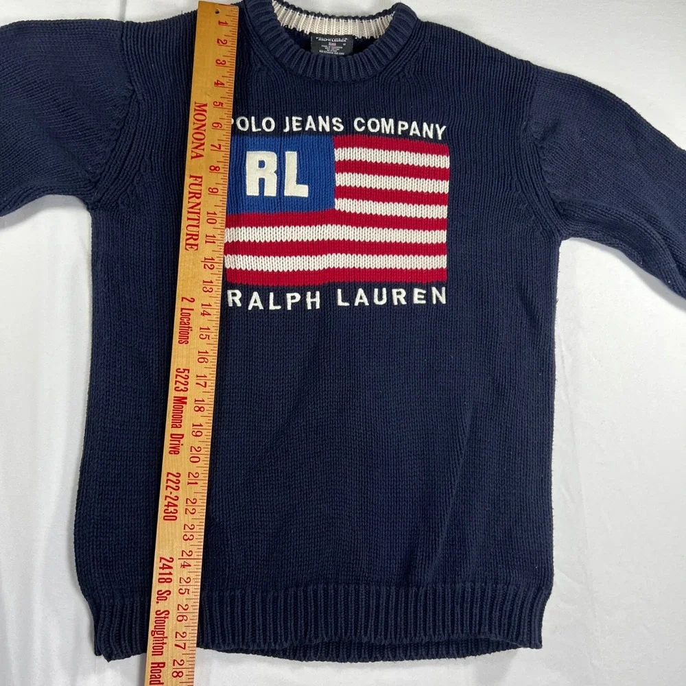 Polo Jeans Co Ralph Lauren Mens Navy Blue American Flag Cotton Knit Sweater M